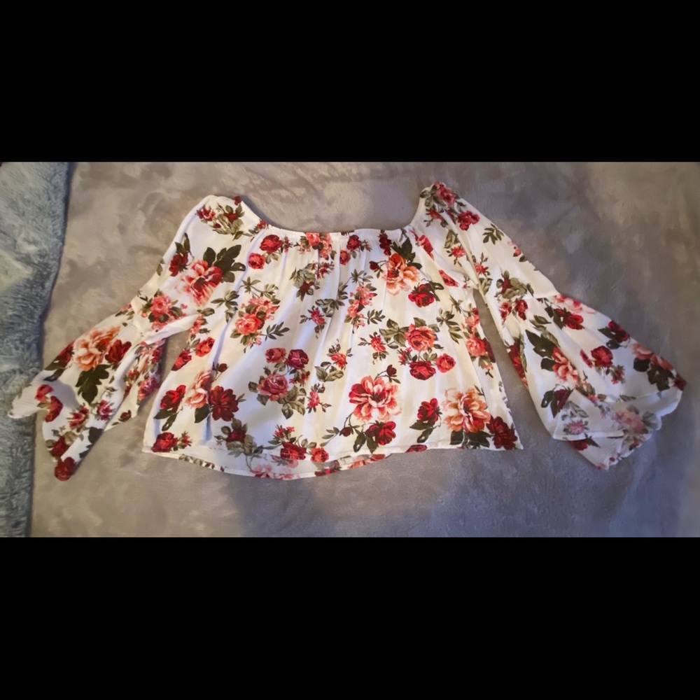 Cropped white floral off-shoulder blouse